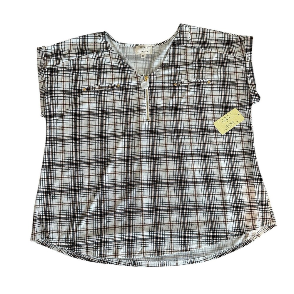 Flower & Feather 1/4 Zip Top Women's Striped Short Sleeve Blouse Size 3XL NWT